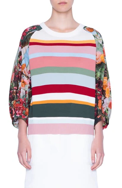 Akris Punto 3/4-sleeve Perforated-inset Sweater In Multi Stripe Cactus Blossom