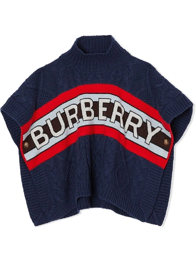 Burberry Kids' Logo粗绞花针织短袖毛衣 In Blue