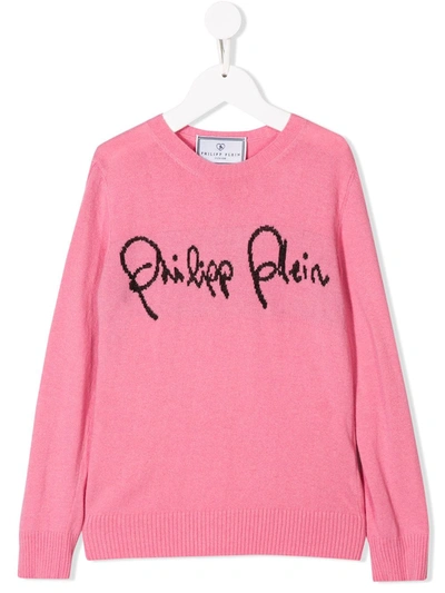 Philipp Plein Junior Kids' Round Neck Ls Signature Sweater In Pink