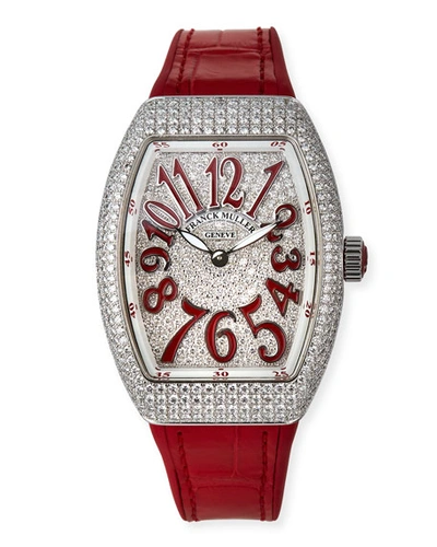 Franck Muller Lady Vanguard Diamond Watch W/ Alligator Strap, Red