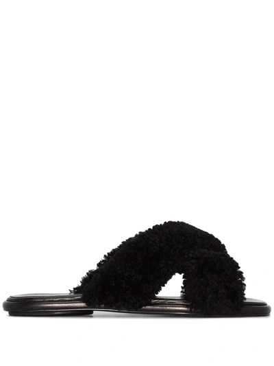 Rosetta Getty Crossover Shearling Slide Sandals In Black