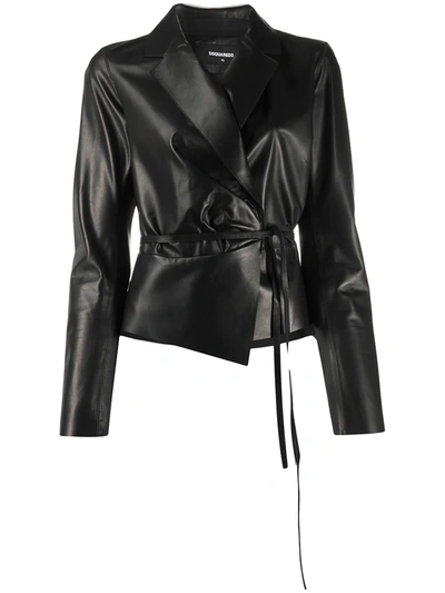 Dsquared2 Tie-waist Leather Jacket In Black