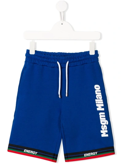 Msgm Kids' Logo Print Cotton Track Shorts In Blue