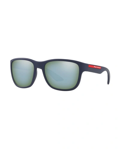 Prada Men's Polarized Square Sunglasses, 59mm In Blue Rubber/polarized Green Mirror Silver