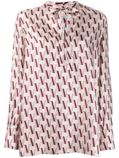 Valentino V-print Tie Neck Silk Twill Blouse In Pink