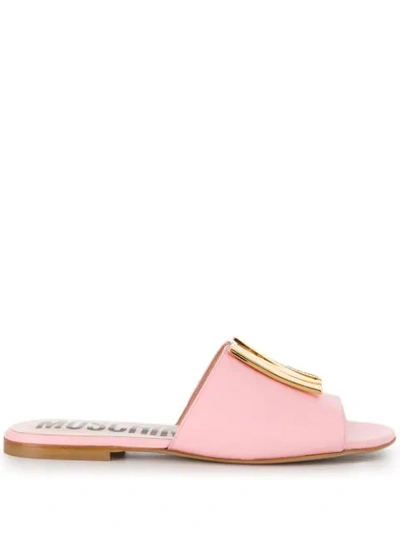 Moschino Ciabatta In Leather With Metal Logo In Pink