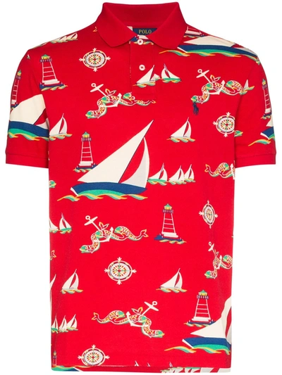 Polo Ralph Lauren Boat Print Polo Shirt In Red