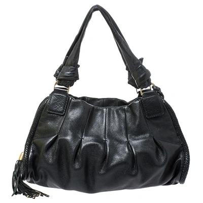 Pre-owned Cole Haan Black Pleated Leather Tassel Hobo