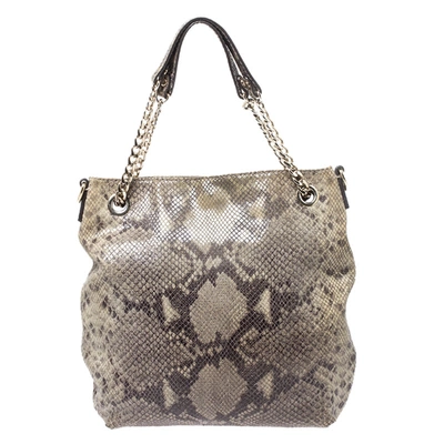 Pre-owned Michael Kors Green/black Python Embossed Suede Chain Tote