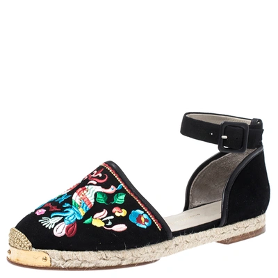 Pre-owned Giuseppe Zanotti Black Embroidered Suede Espadrilles Ankle Strap Flat Sandals Size 40