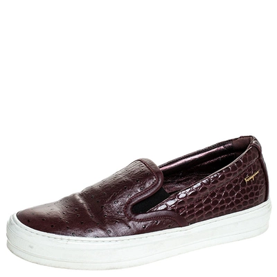 Pre-owned Ferragamo Burgundy Croc And Ostrich Embossed Leather Pacau Slip On Sneakers Size 38.5