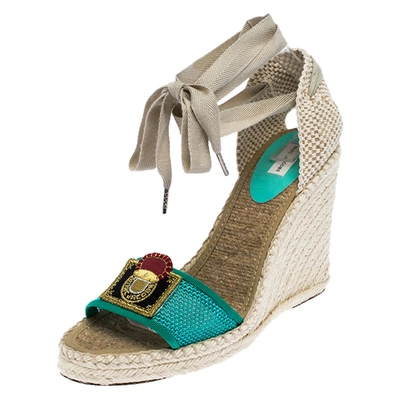 Pre-owned Marc Jacobs Multicolor Canvas And Mesh Wedge Espadrilles Ankle Wrap Sandals Size 39