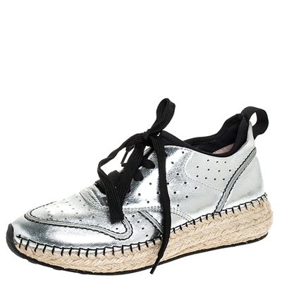 Pre-owned Tod's Metallic Silver Leather Espadrille Low Top Sneakers Size 35.5