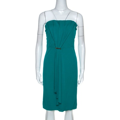 Pre-owned Gucci Green Knit Ruched Detail Strapless Cocktail Dress L