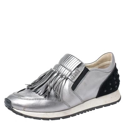 Pre-owned Tod's Metallic Grey Leather Sportivo Fringed Sneakers Size 39