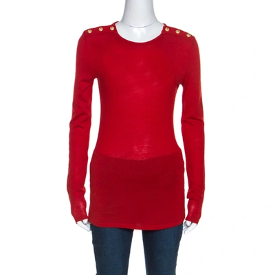 Pre-owned Balmain Red Wool Knit Button Detail Long Sleeve Top M