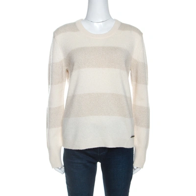 Pre-owned Burberry Cream Cashmere Knit Metallic Weave Detail Striped Jumper L