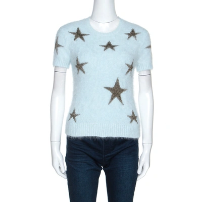 Pre-owned Valentino Light Blue Angora Wool Short Sleeve Star Intarsia Jumper S