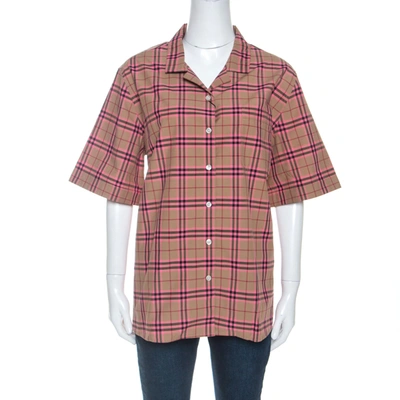 Pre-owned Burberry Brown And Pink Nova Check Cotton Short Sleeve Shirt L