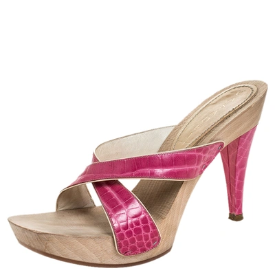 Pre-owned Casadei Pink Croc Embossed Leather Open Toe Platform Sandals Size 37.5