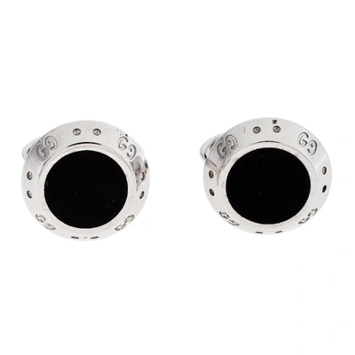 Pre-owned Gucci Icon Onyx 18k White Gold Cufflinks In Silver