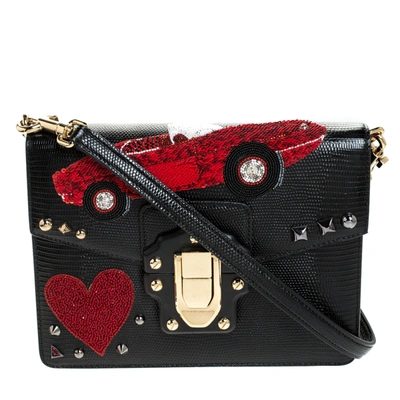 Pre-owned Dolce & Gabbana Black Embossed Leather Embellished Lucia Crossbody Bag