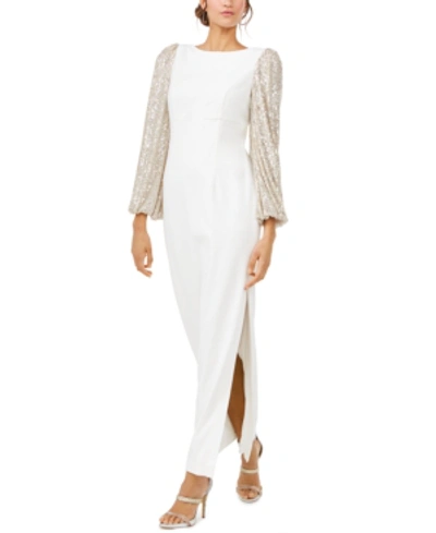 Eliza J Crepe V-back Gown With Sequin Long Sleeves In Ivory/champagne