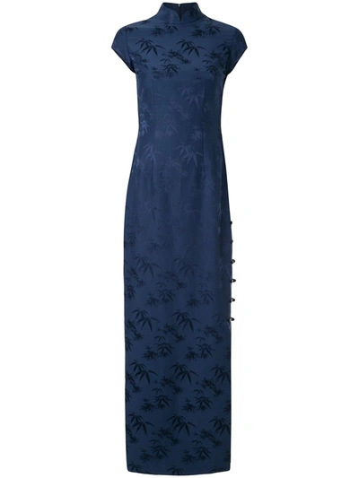 Shanghai Tang Bamboo Jacquard Long Qipao Dress In Blue