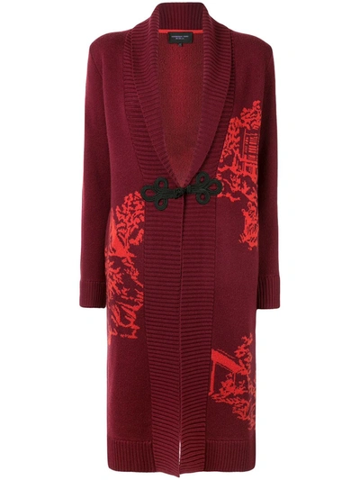 Shanghai Tang Chinoiseries Intarsia Knitted Long Cardigan In Red