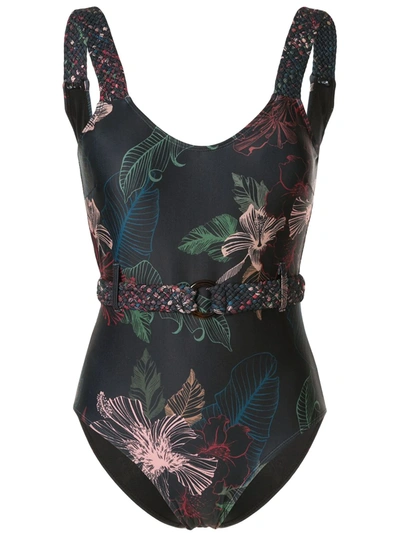 Duskii Floral-print Belted Swimsuit In Black