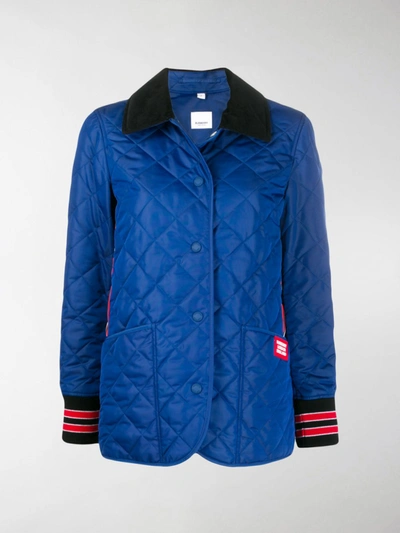Burberry Quilted Logo Patch Buttoned Jacket In Blue