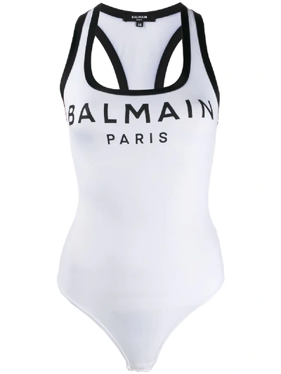 Balmain Logo Print Bodysuit In White