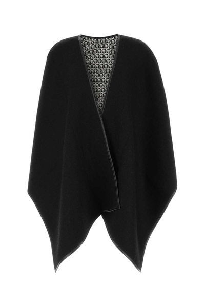 Ferragamo Reversible Wool Poncho In Black,grey