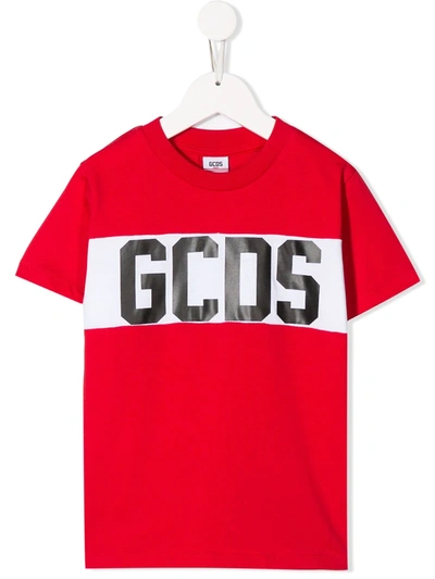 Gcds Kids' Crew Neck Logo Striped T-shirt In Red