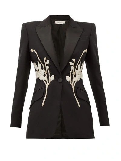 Alexander Mcqueen Floral-beaded Satin-lapel Wool-blend Jacket In Black