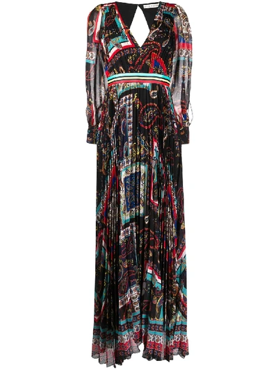 Alice And Olivia Cheney Slit-sleeve Pleated Maxi Dress In Multi Pattern