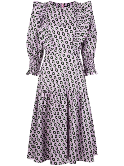 Cynthia Rowley Campbell Geometric Midi Ruffle Dress In Purple