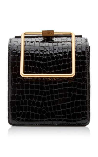 Marge Sherwood Black Croco Embossed Leather Large Pump Handle Satchel Bag