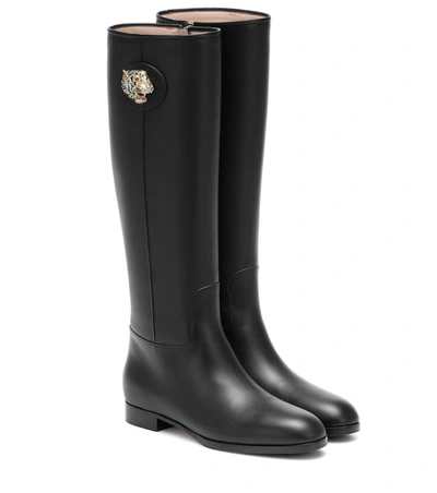 Gucci Tiger Head Leather Riding Boots In Black