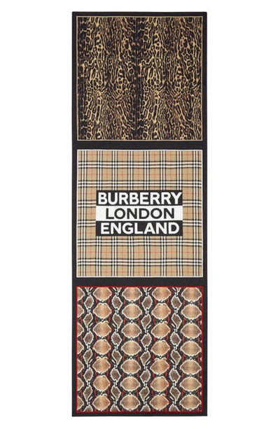 Burberry Animal & Check Print Logo Silk Scarf In Archive Beige