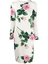Dolce & Gabbana Cady Fabric Tropical Rose Print Midi Dress In White