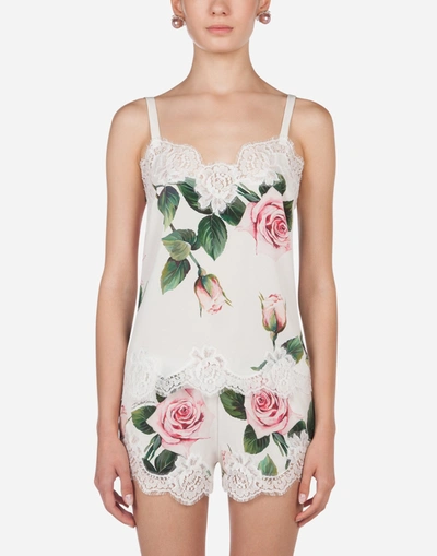 Dolce & Gabbana Tropical Rose Print Lingerie Top In Charmeuse In Floral Print