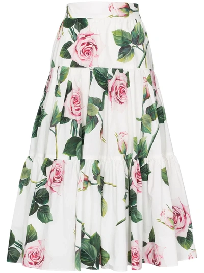 Dolce & Gabbana Tiered Floral-print Cotton-poplin Midi Skirt In White