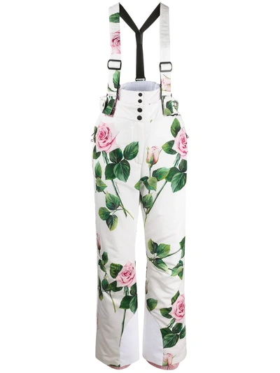 Dolce & Gabbana Tropical Rose Print Nylon Ski Dungarees In White,pink,green