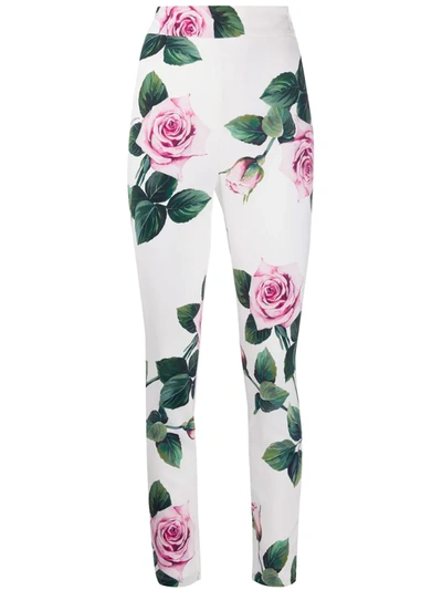 Dolce & Gabbana Cady Fabric Tropical Rose Print Leggings In White