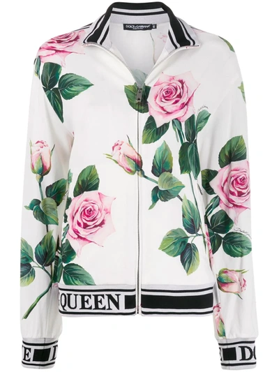 Dolce & Gabbana Cady Fabric Tropical Rose Print Zip-up Hoodie In White