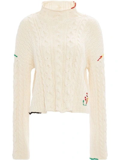Jw Anderson Embroidered Cable-knit Cotton Sweater In White