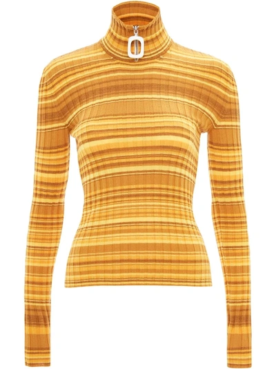 Jw Anderson Striped Ribbed Wool-blend Turtleneck Sweater In Mustard