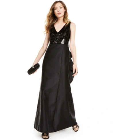 Adrianna Papell Sequined Mikado Gown In Black