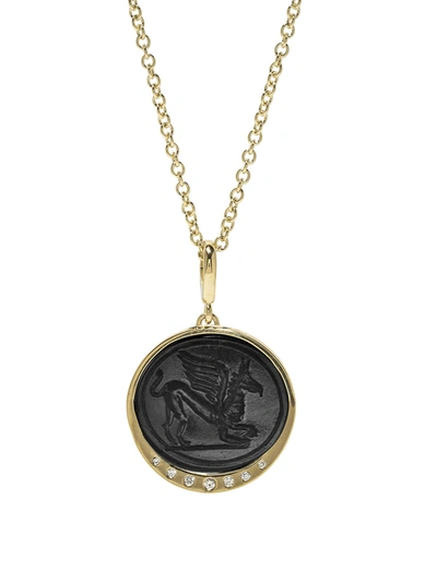 Azlee Griffin Black Glass Coin Necklace In Gold